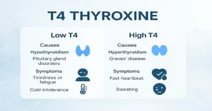 Professional medical infographic showing T4 (Thyroxine) test with two causes and two symptoms each for low and high T4 levels, featuring neat icons and a clean, blue-orange design.