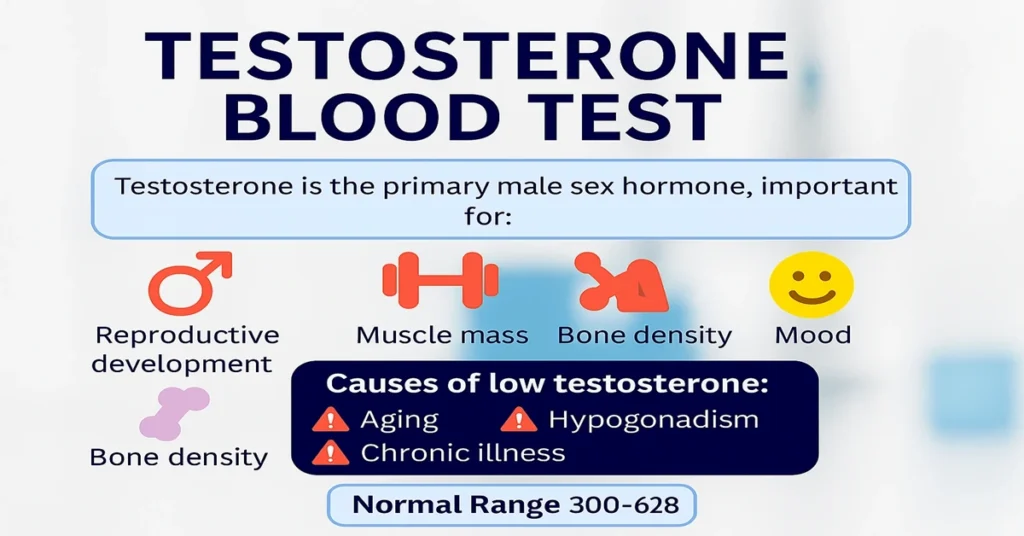 Testosterone Blood Test infographic showing hormone roles, causes of low testosterone, and normal range in men and women.