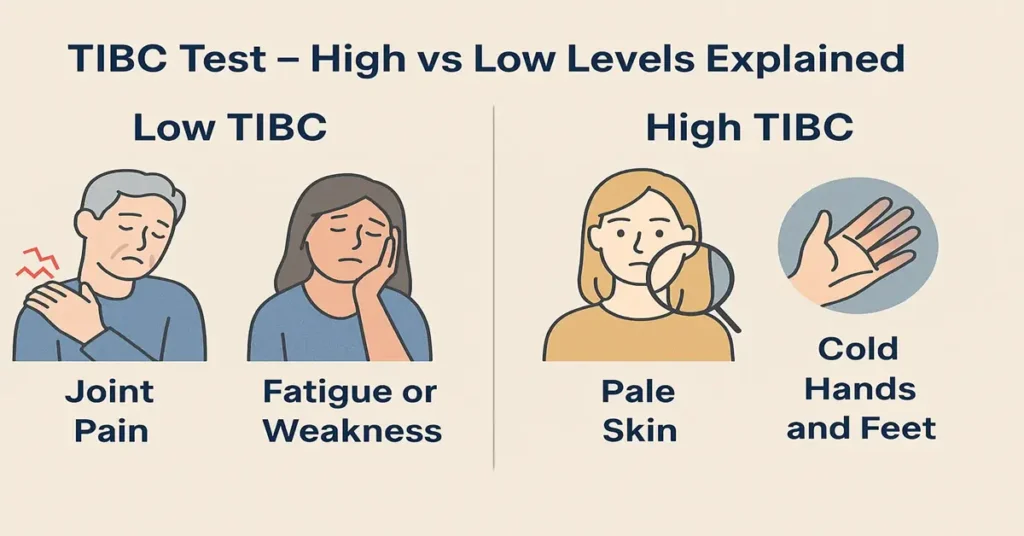 TIBC test infographic showing the difference between high and low TIBC levels, with realistic icons of fatigue, joint pain, pale skin, and cold hands for awareness.