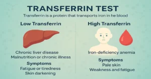 Transferrin test infographic showing high vs low transferrin levels with causes and symptoms — liver and blood icons on a green-blue gradient medical background.