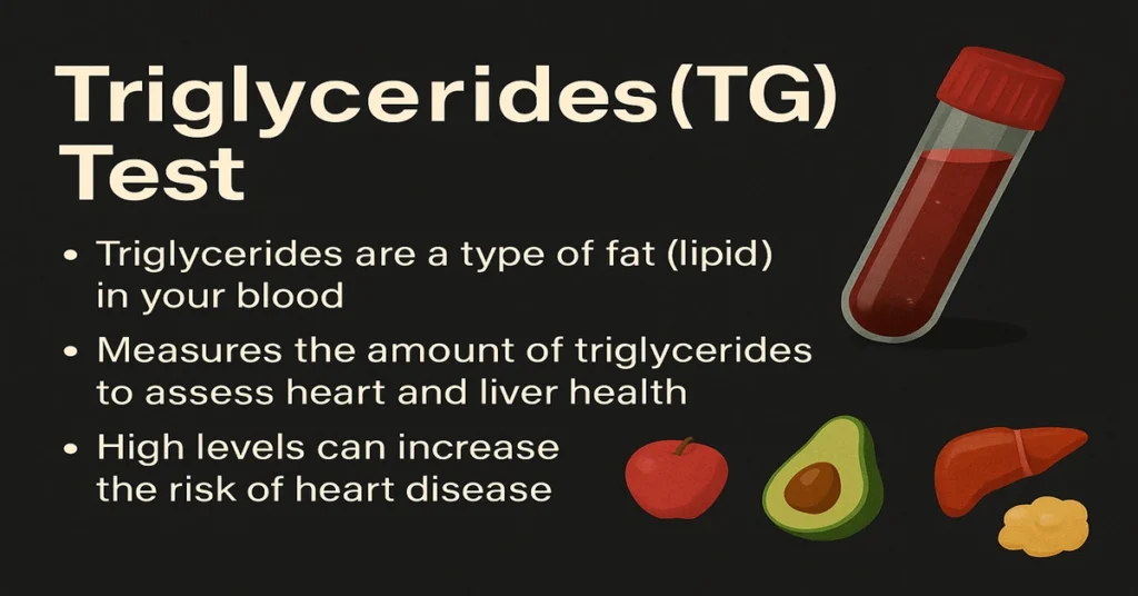 Triglycerides (TG) Test infographic showing normal range, causes, and health risks