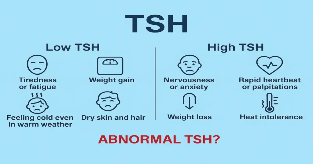Infographic showing low and high TSH symptoms with icons — tiredness, weight gain, anxiety, heartbeat — on a blue medical background with “Abnormal TSH?” highlighted below.