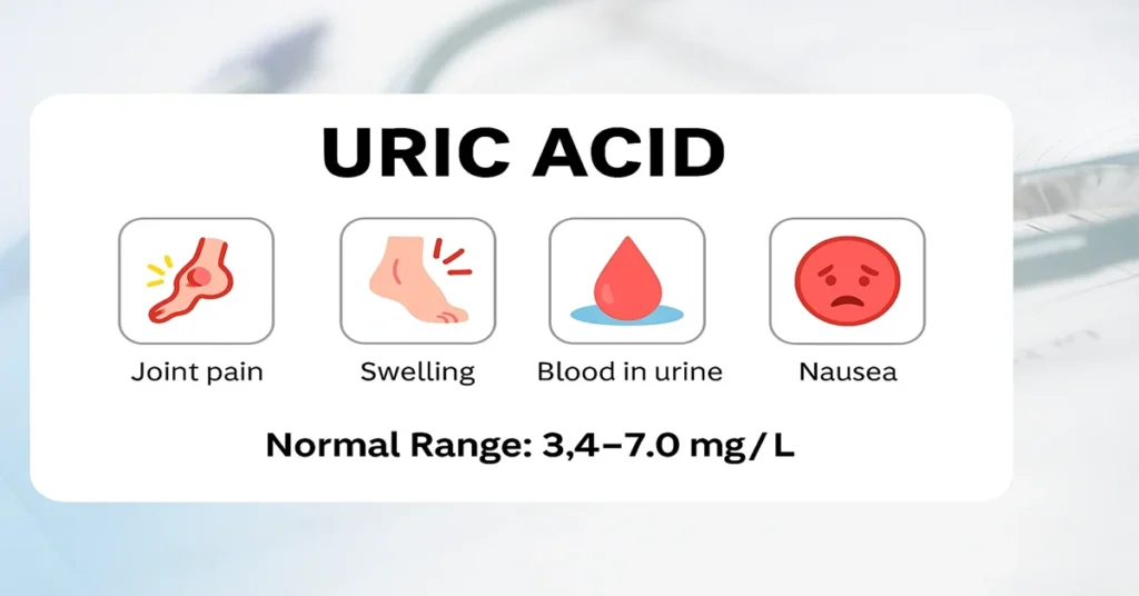 Infographic showing uric acid symptoms including joint pain, swelling, blood in urine, and nausea, with normal range 3.4–7.0 mg/dL on a clean medical background.