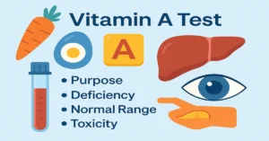 Illustration showing Vitamin A Test purpose, deficiency, toxicity symptoms, and normal range in blood