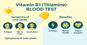 Infographic showing Vitamin B1 (Thiamine) blood test details with top symptoms like fatigue, nerve pain, confusion, and key benefits such as energy production, nerve health, and heart support on a yellow medical background.
