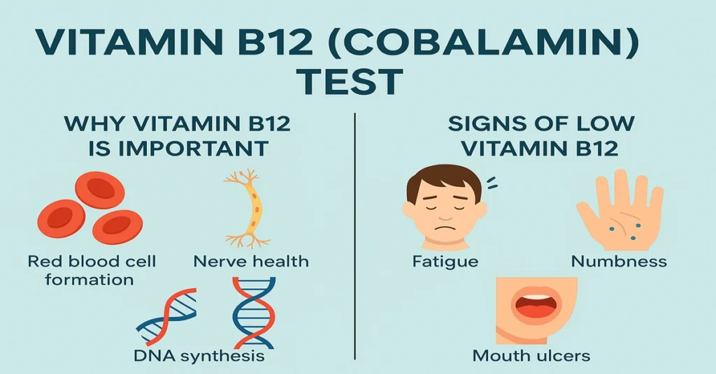 Educational infographic showing Vitamin B12 (Cobalamin) test, highlighting its importance for red blood cell formation, nerve health, and DNA synthesis, along with common deficiency signs like fatigue, numbness, and mouth ulcers.