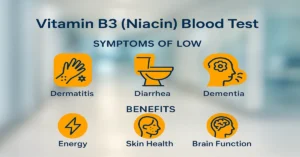 Infographic showing Vitamin B3 (Niacin) deficiency symptoms — dermatitis, diarrhea, dementia — with key health benefits including energy production, skin health, and brain function on a depth-blurred diagnostic background.