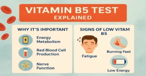 Infographic showing Vitamin B5 test importance and signs of low Vitamin B5, including energy metabolism, red blood cell production, nerve function, fatigue, and burning feet.