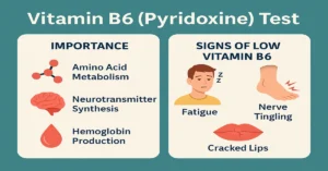 Infographic showing Vitamin B6 (Pyridoxine) test importance and deficiency symptoms with icons for amino acid metabolism, neurotransmitter synthesis, hemoglobin production, fatigue, nerve tingling, and cracked lips.
