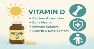 Infographic showing Vitamin D benefits with sunlight, strong bones, immune support, and growth on a light medical background.