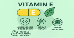 Infographic showing Vitamin E benefits with capsule, leafy greens, antioxidant protection, and symptoms of Vitamin E deficiency such as weak muscles and vision problems.