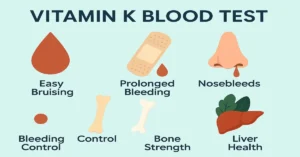 Infographic showing Vitamin K blood test symptoms and strengths with medical icons – bruising, bleeding, weak bones, and benefits like bone strength, clotting, and heart health.