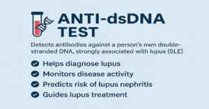 Infographic explaining the Anti-dsDNA Test with immune system and lupus icons, showing its use in diagnosing SLE, monitoring disease activity, and predicting kidney involvement.