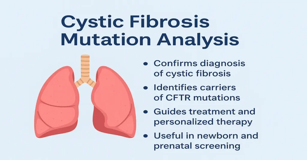 Infographic on Cystic Fibrosis Mutation Analysis showing lungs illustration with key points about diagnosis, carrier detection, treatment guidance, and newborn screening.