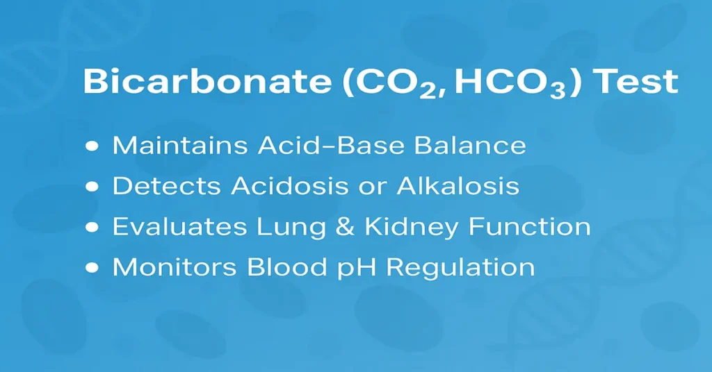 Bicarbonate (CO₂, HCO₃) Test infographic showing acid-base balance, acidosis detection, and lung-kidney function monitoring