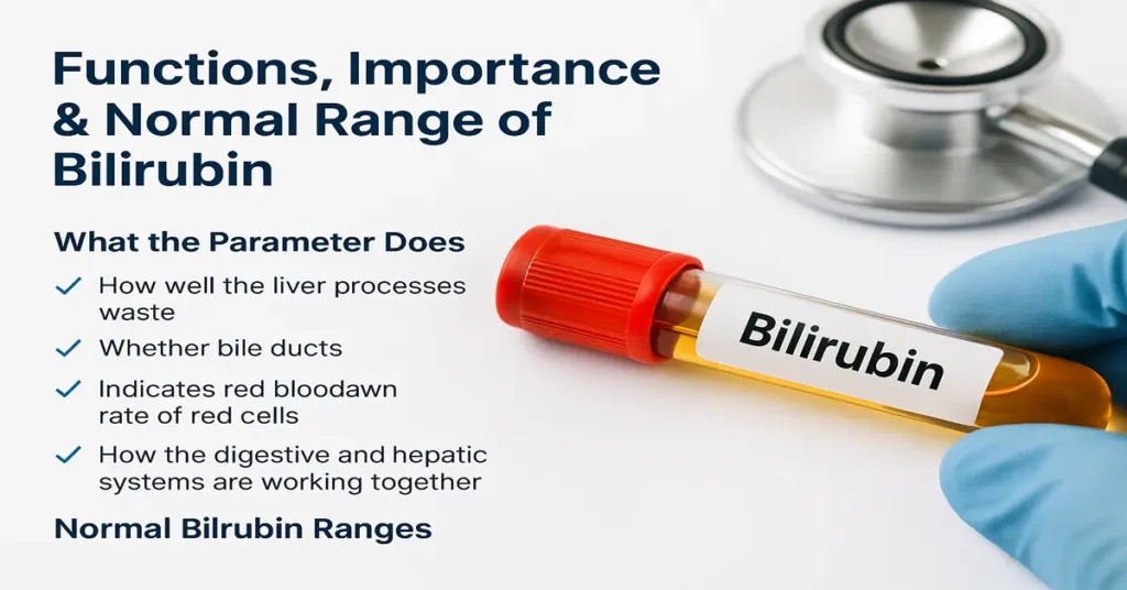 Professional medical image showing a bilirubin blood sample tube with a stethoscope in the background, alongside key bullet points explaining bilirubin functions and normal ranges.