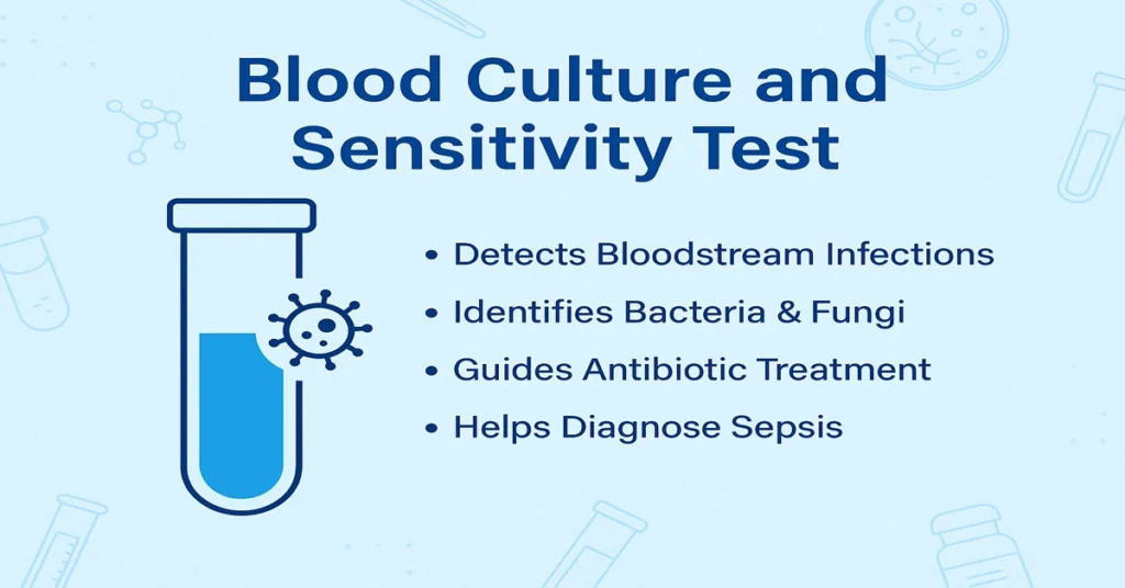 Blood Culture and Sensitivity Test infographic showing bacterial and fungal detection, sepsis diagnosis, and antibiotic selection process