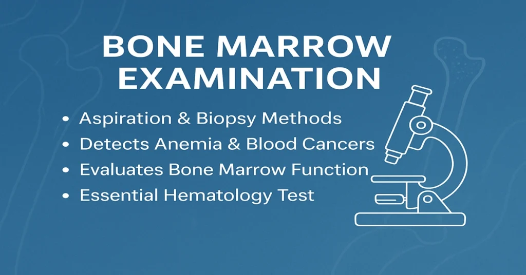 Bone Marrow Examination infographic showing aspiration and biopsy methods used to detect anemia, leukemia, and bone marrow disorders