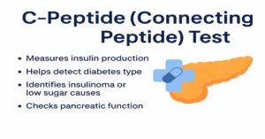 Infographic showing C-Peptide (Connecting Peptide) Test with pancreas illustration and key points: measures insulin production, detects diabetes type, identifies insulinoma, checks pancreatic function.
