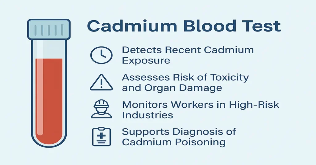 Cadmium Blood Test – detects recent cadmium exposure, assesses toxicity risk, monitors workers in high-risk industries, and supports diagnosis of cadmium poisoning.