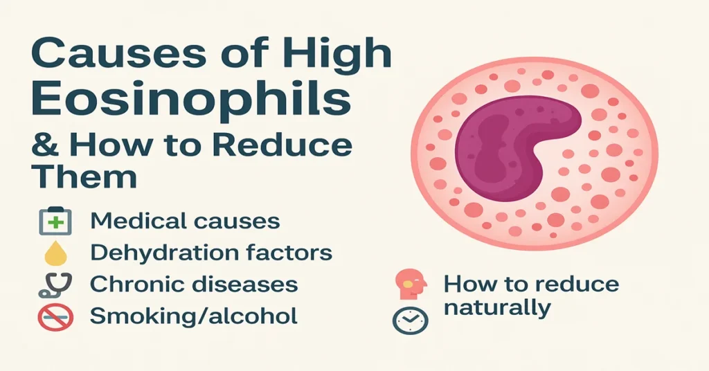 Infographic explaining causes of high eosinophil levels with realistic eosinophil illustration and key points including medical causes, dehydration, chronic diseases, smoking/alcohol effects, and natural reduction tips.