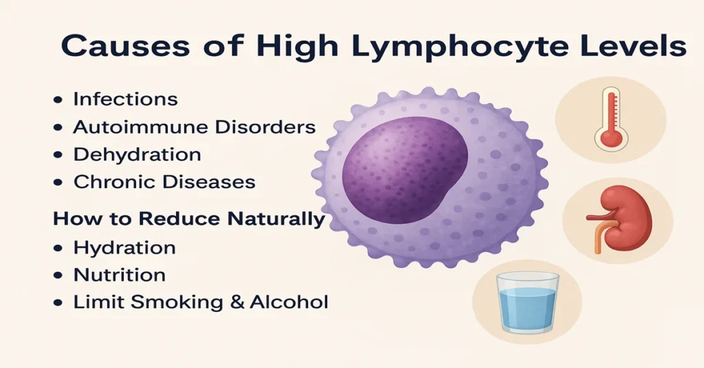 Infographic explaining causes of high lymphocyte levels with bullet points and realistic lymphocyte cell illustration, including infections, autoimmune disorders, dehydration, and natural reduction tips.