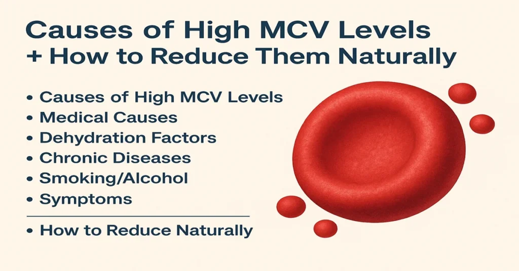 Infographic titled “Causes of High MCV Levels + How to Reduce Them Naturally” showing key points like medical causes, dehydration factors, chronic diseases, smoking and alcohol effects, symptoms, and natural reduction methods, with a realistic red blood cell illustration.