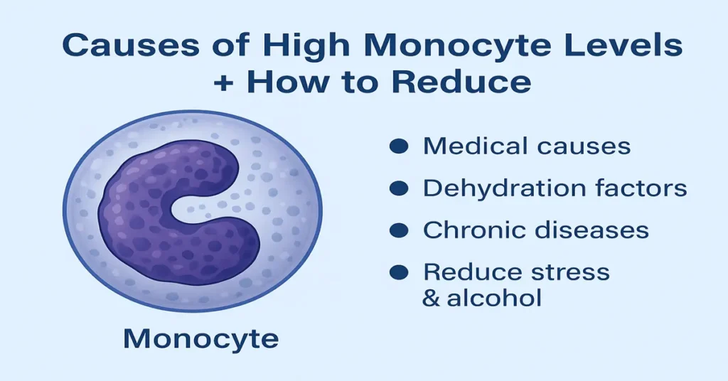 Infographic explaining causes of high monocyte levels with a realistic monocyte illustration and key points such as medical causes, dehydration factors, chronic diseases, and stress or alcohol reduction tips.