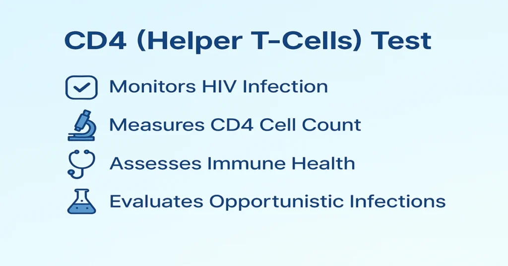 CD4 (Helper T-Cells) Test – measures helper T-cell count, evaluates immune strength, monitors HIV infection, and helps track treatment response.