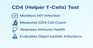 CD4 (Helper T-Cells) Test – measures helper T-cell count, evaluates immune strength, monitors HIV infection, and helps track treatment response.