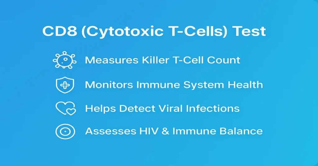 CD8 (Cytotoxic T-Cells) Test – measures killer T-cell count, monitors immune health, detects viral infections, and assesses HIV and immune balance.