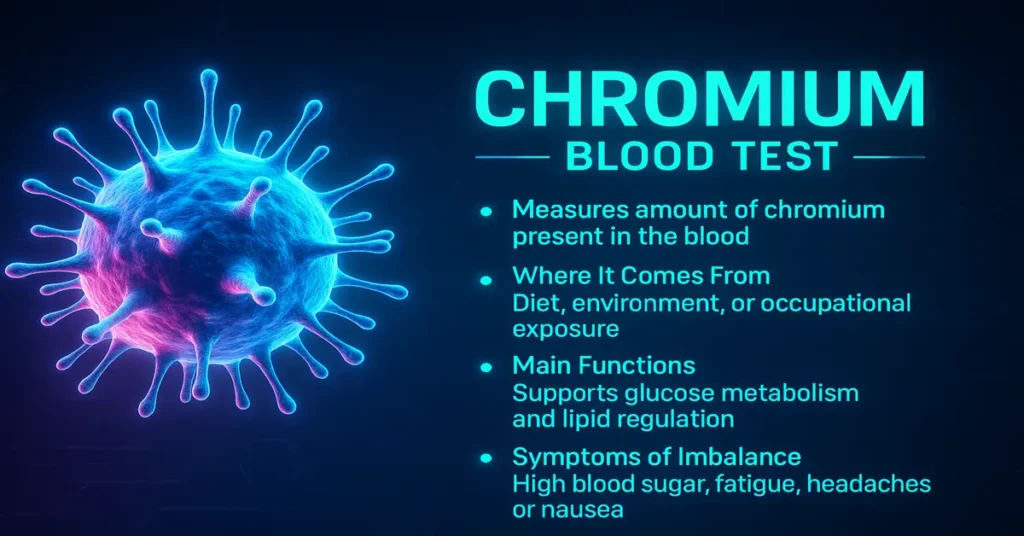 Futuristic infographic showing Chromium Blood Test with glowing virus-style design, explaining its functions, sources, and symptoms of imbalance in blue neon tones.