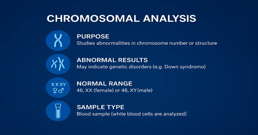 Chromosomal Analysis (Karyotyping) Test infographic summarizing key points — purpose, normal karyotype (46,XX / 46,XY), causes of abnormalities, and sample types — with a futuristic medical design and centered text layout.