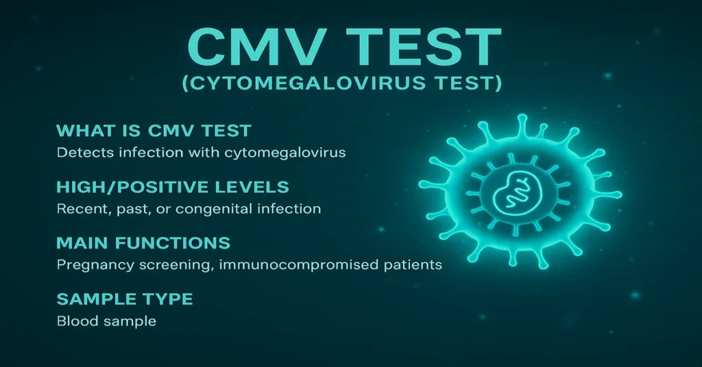 CMV Test infographic showing four main points about Cytomegalovirus testing — purpose, IgM/IgG meaning, symptoms, and sample type — with a futuristic medical virus design and centered text.