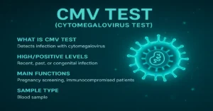 CMV Test infographic showing four main points about Cytomegalovirus testing — purpose, IgM/IgG meaning, symptoms, and sample type — with a futuristic medical virus design and centered text.