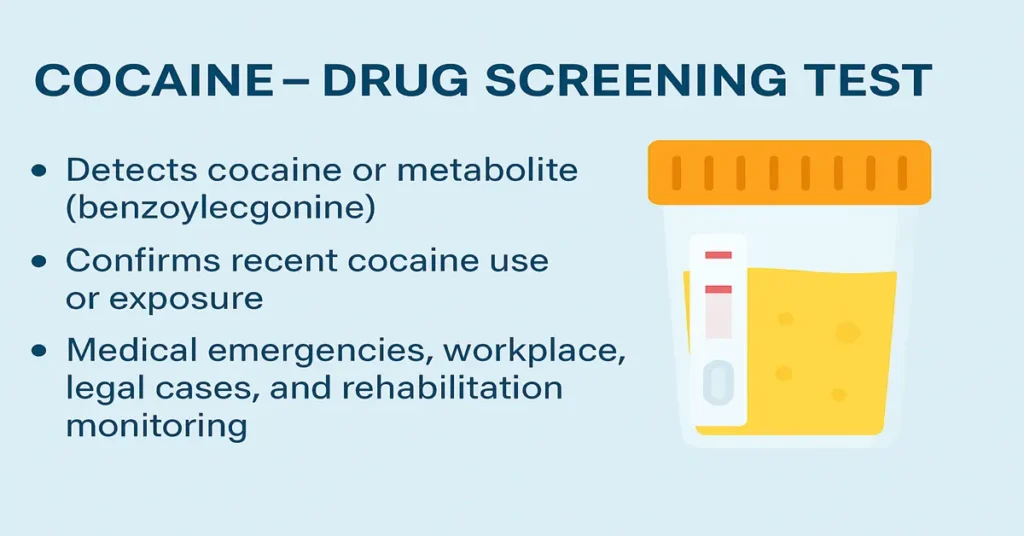 Infographic showing Cocaine Drug Screening Test with urine sample icon, highlighting cocaine metabolite detection and test purposes in medical and workplace settings.