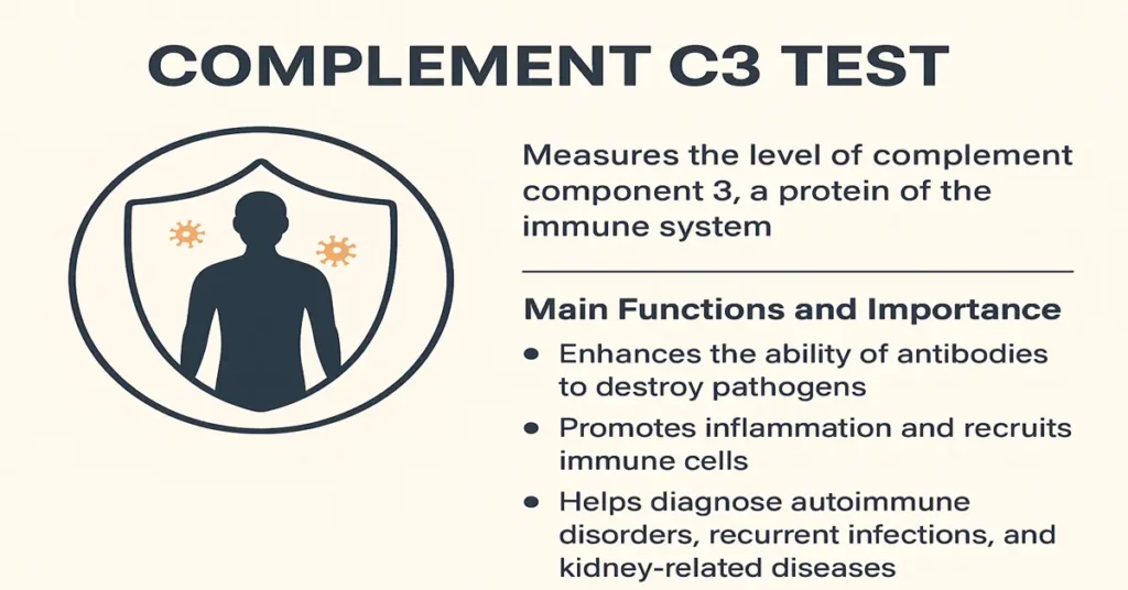 Infographic showing Complement C3 Test with immune system icon, explaining how C3 protein enhances antibody action, promotes inflammation, and helps diagnose autoimmune or kidney diseases.