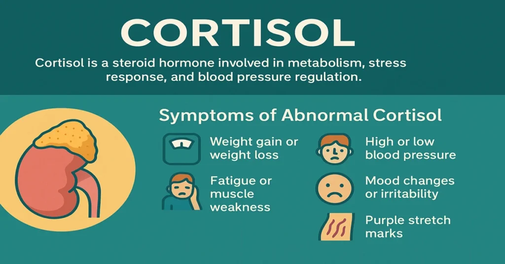 Infographic showing the Cortisol Test with adrenal gland icon and key symptoms of abnormal cortisol levels such as weight changes, fatigue, mood swings, and purple stretch marks.