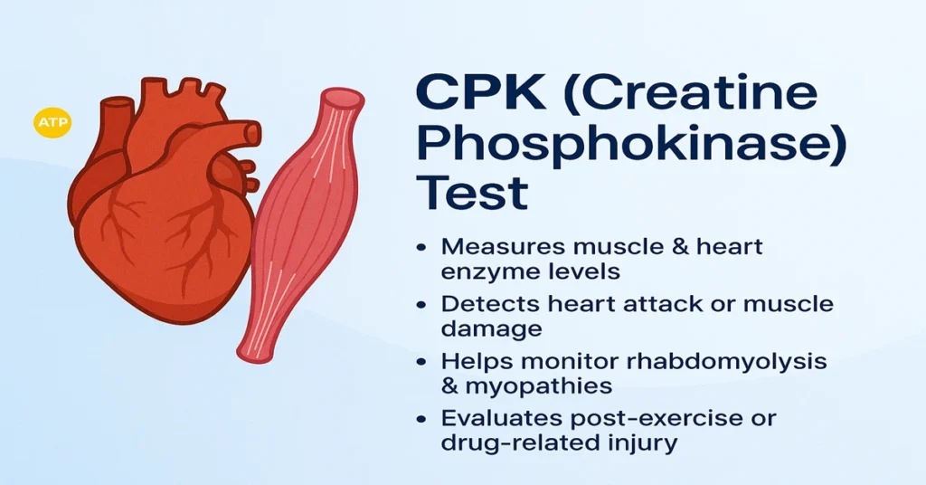Infographic showing the CPK (Creatine Phosphokinase) Test with heart and muscle illustration, explaining how the test measures enzyme levels, detects heart attack or muscle injury, monitors rhabdomyolysis, and evaluates drug-related damage.