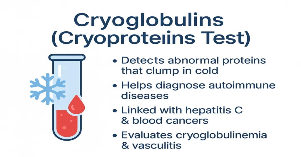 Infographic showing the Cryoglobulins (Cryoproteins Test) with a test tube and snowflake icon, explaining that the test detects abnormal proteins that clump in cold, helps diagnose autoimmune diseases, and identifies conditions like hepatitis C and blood cancers.