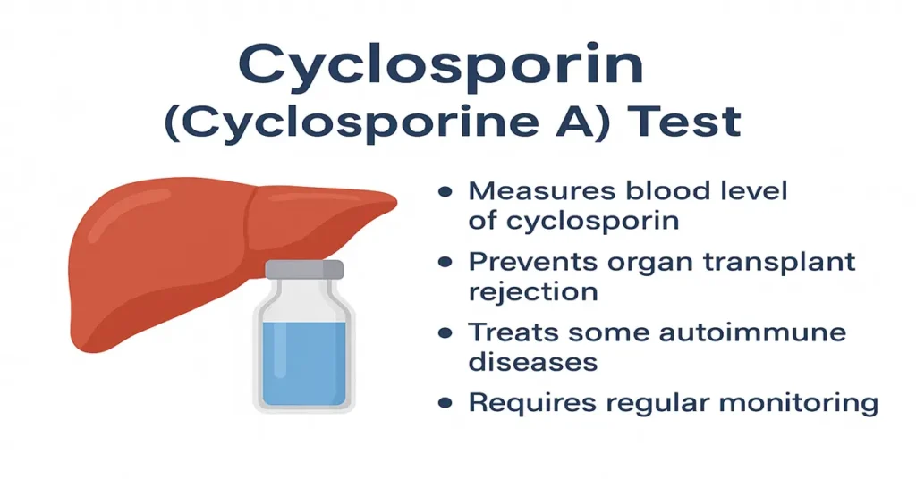 Infographic of the Cyclosporin (Cyclosporine A) Test showing a liver and medicine vial illustration with points describing that it measures cyclosporin blood levels, prevents transplant rejection, treats autoimmune diseases, and requires regular monitoring.