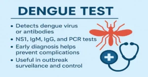 Dengue Test infographic showing dengue mosquito, stethoscope icon, and key points such as detection of dengue virus or antibodies, NS1, IgM, IgG, PCR tests, early diagnosis benefits, and outbreak surveillance importance.