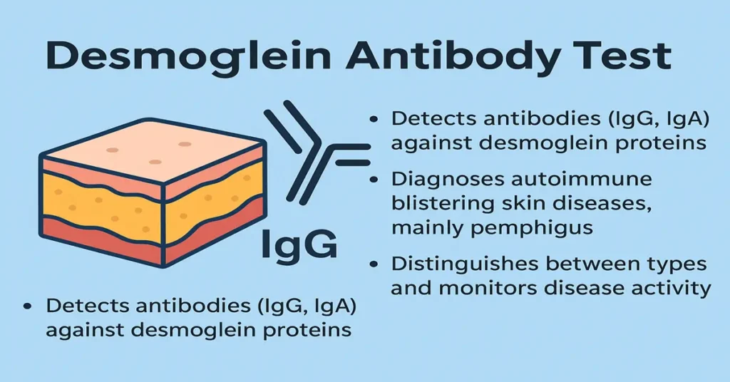 Infographic explaining the Desmoglein Antibody Test with skin layer illustration, IgG antibody icon, and key points about DSG1/DSG3 detection, autoimmune blistering disease diagnosis, and monitoring pemphigus vulgaris and foliaceus.