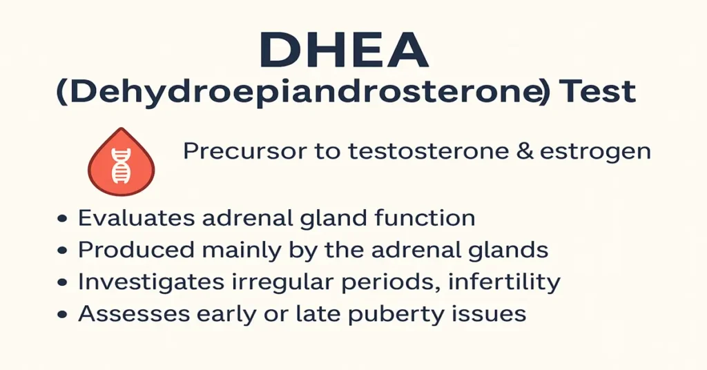 Infographic explaining the DHEA Test with adrenal gland icon, hormonal pathway graphics, and key points showing DHEA as a precursor of testosterone and estrogen, adrenal function evaluation, PCOS and puberty assessment, and blood sample requirement.