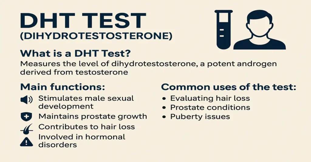 Infographic explaining the DHT Test with hair follicle and hormone icons, showing DHT production from testosterone, relation to hair loss, prostate issues, puberty changes, and use in diagnosing hormonal imbalance.