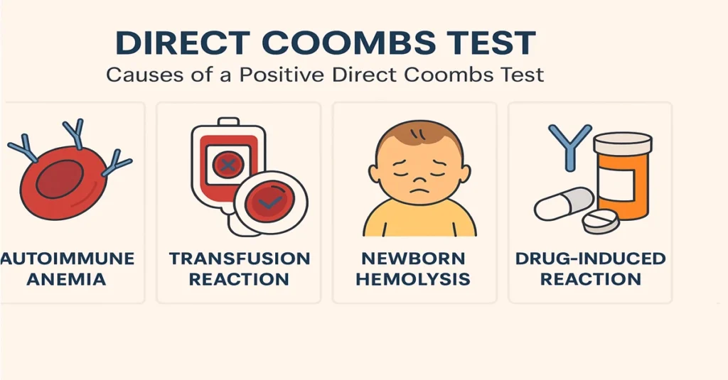 Infographic showing four major causes of a positive Direct Coombs Test – autoimmune anemia, transfusion reaction, newborn hemolysis, and drug-induced reaction – with clear medical visuals.