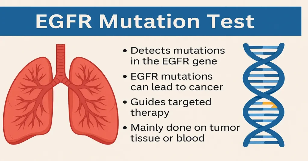 EGFR mutation test infographic showing lungs, DNA mutation diagram, and key points for targeted lung cancer therapy.