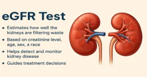eGFR test infographic showing kidneys and key points about kidney filtration and creatinine-based calculation.