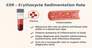 ESR test infographic showing red blood cell sedimentation, inflammation graphic and four key points about ESR purpose.