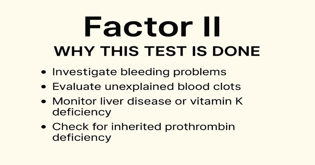 Factor II prothrombin activity test infographic with four points showing why the test is done, centered and clear.